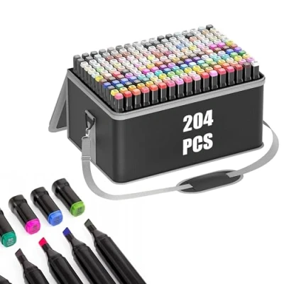 Afbeelding van 204 stuks alcoholmarkers voor manga/design/school met sneldrogende alcoholmarkers, dubbelzijdige markers, viltstiften, tekenen, kleuren draagtas