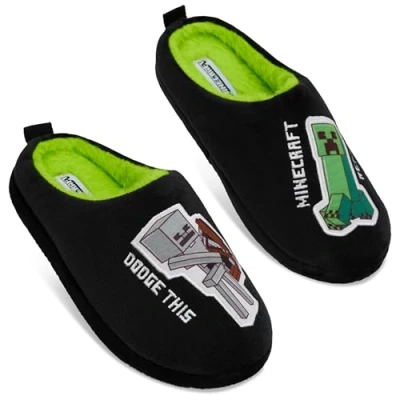 Afbeelding van Minecraft Kinderpantoffels, pluche, Creeper 3D pantoffels, Zwart/Groen