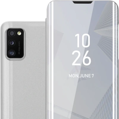 Afbeelding van Cadorabo Hoesje geschikt voor Samsung Galaxy A41 in AGAAT ZILVER Clear View Spiegel Beschermende Case met Tribunefunctie 360 Graden Bescherming Book Cover Etui