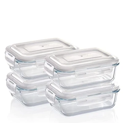 Afbeelding van Grizzly Voorraadschalen van glas, rechthoekig, met kliksluiting, voor oven, magnetron, vriezer, 4 stuks, 640 ml