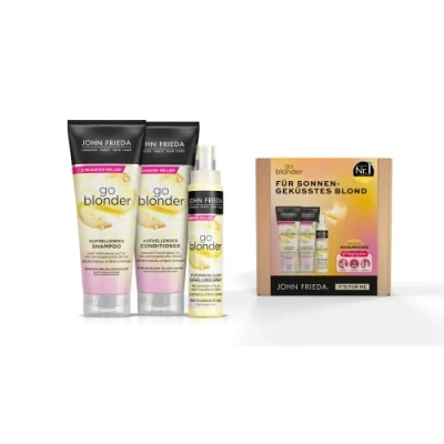 Afbeelding van John Frieda Go Blonder voordeelset voor blond haar shampoo, conditioner, verhelderende spray en MegRhythm oogmasker wordt geleidelijk lichter ook geschikt al gekleurd