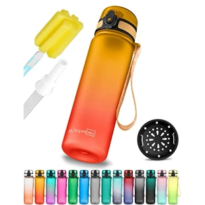 Afbeelding van Minny drinkfles voor kinderen lekvrij met rietje of zeef 350ml, 500ml, 750ml lichtgewicht Tritan BPA vrij kleuterschool, school (rood oranje 500ml)