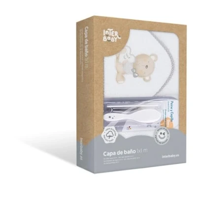 Afbeelding van Interbaby Badcape 400 g/m² katoen badstof + borstel/kam model Love You wit/grijs 100 x cm