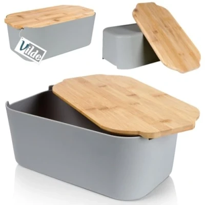 Afbeelding van Broodtrommel met houten plank, broodmand, broodtrommel, grijs, 33 x 18,5 12 cm