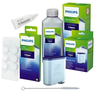 Afbeelding van Philips AquaClean Complete onderhoudsset voor koffiezetapparaten (bevat waterfilter CA6903), ontkalker 250 ml, smeervet HD5061, koffieontvetter CA6704/10 (6 tabletten), Seltino reinigingsborstel