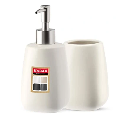 Afbeelding van KADAX 2 delige badkamerset van keramiek, badkameraccessoires, zeepdispenser, badkamerbeker, zeepbakje en wc borstel (beker dispenser wit)