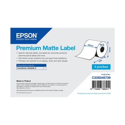 Image de Epson Premium Mat lisse adhésif permanent en acrylique blanc brillant Rouleau (20,3 cm x 60 m) 4 rouleau(x) étiquettes continues pour ColorWorks CW C6500Ae, C6500Pe