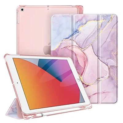 Afbeelding van Fintie Hoes voor iPad 10.2 inch 9e Generatie 2021/ 8e Gen. 2020 / 7e 2019 met Pencil Houder, Ultradun Superlicht Beschermhoes Transparante Achterkant Automatische Slaap waak (Z Glinsterend Marmer)