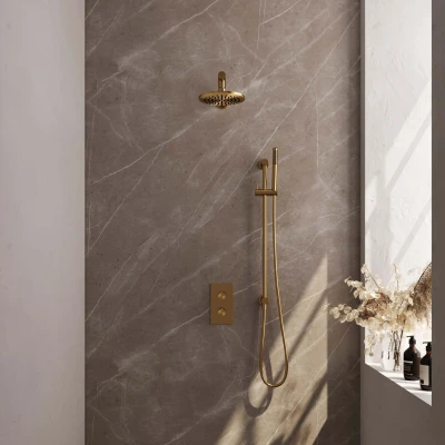 Afbeelding van Brauer Glad 20cm Rechte wandarm Staafhanddouche Met glijstang Geborsteld goud PVD