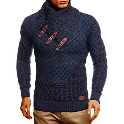 Afbeelding van Leif Nelson Gebreide herentrui met sjaalkraag, hoogwaardige wintertrui, regular fit, ideaal voor casual en zakelijke looks, verkrijgbaar in vele maten, Blauw
