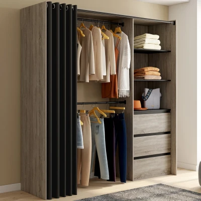 Image de Dressing extensible 120/170 x 50 180 cm hêtre avec 3 tiroirs + étagères double penderie rideau noir IDMarket