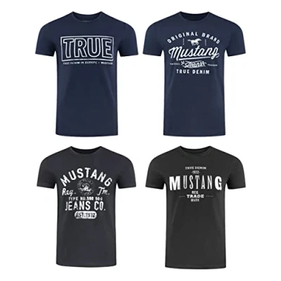 Afbeelding van Mustang Set van 4 T shirts voor heren met print op de voorkant en ronde hals, kleurenmix blauw zwart