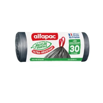 Afbeelding van Alfapac 15 zakken van 30 l met schuifband gemaakt in Frankrijk gerecycled en plantaardig bi materiaal