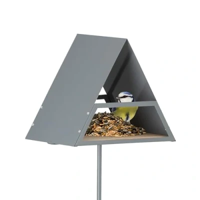Afbeelding van Relaxdays vogelvoederhuisje op paal metalen voederhuisje kleine vogels voedertafel