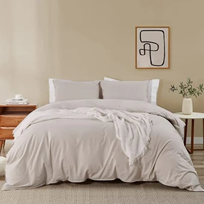Afbeelding van Soifox Beddengoed 220 x 240 cm, beige, beddengoedset van microvezel, strijkvrij en kreukvrij, dekbedovertrek cm set, met kussensloop 80 set 2, ritssluiting