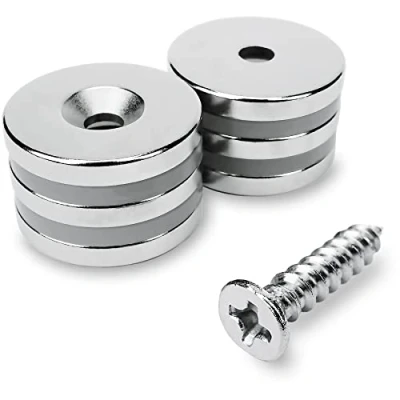 Afbeelding van Sensei Set van 6 ronde neodymium magneten, 20 x 3 mm, met schroefgat, 4,5 kg aantrekkingskracht + schroeven inbegrepen