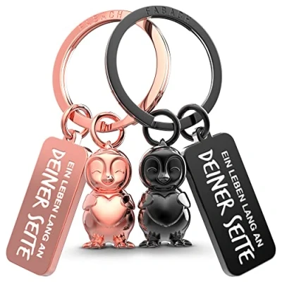 Afbeelding van FABACH Pinguïn sleutelhanger voor koppels, 2 Frosty pinguïns met hart, gelukspinguïn, cadeau vriendin, liefdescadeau, sleutelhanger, verjaardagscadeau, Valentijnsdag, zwart en zilver, 1 stuk,