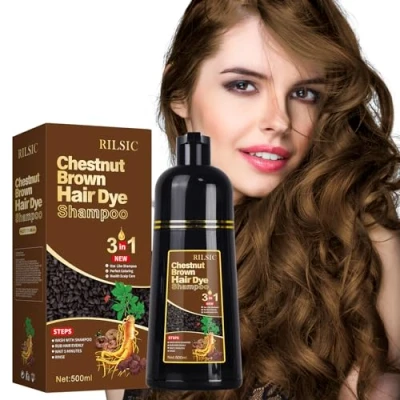 Image de GFEUGS 500 ml Black Hair Dye Shampoo, Shampooing Colorant Cheveux 3 in 1, Shampoing Instantanée pour Homme et Femme Gris, Coloration Capillaire en Quelques Minutes (Marron Châtaigne)