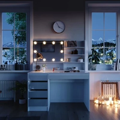 Afbeelding van Vicco Make uptafel set met kruk Sherry, Wit, 120 cm LED verlichting en spiegelplank