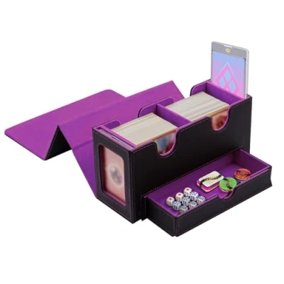 Afbeelding van Tolesum Gathering MTG dubbellaagse kaartenbox met etalage en kubusvak van stevig kunstleer voor Magic Commander TCG compatibele ruilkaarten zwart paars