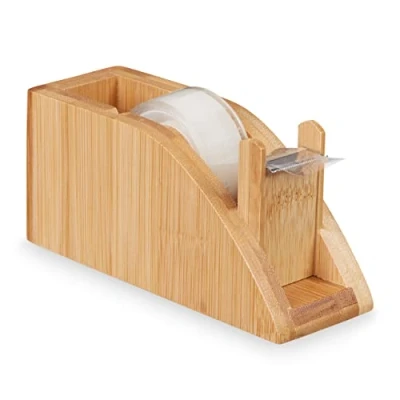 Afbeelding van Relaxdays plakband dispenser bamboe plakbandhouder voor 25 mm rol plakbandrolhouder
