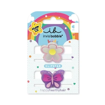 Afbeelding van invisibobble CLIPSTAR Glow Kids Happy Flower 2 stuks lichtgevende haarspelden voor kinderen, bloemen en vlinderdesign, antislip haarclips gezond haar, perfect
