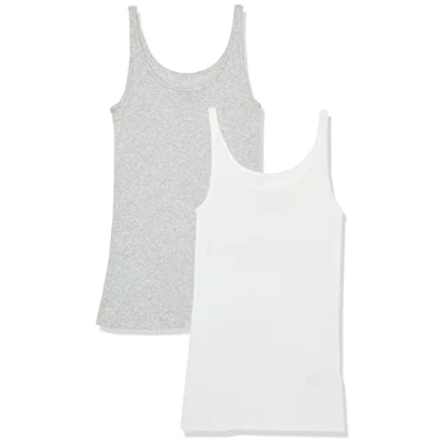 Image de Amazon Essentials Lot de 2 débardeurs à fines bretelles pour femme, coupe ajustée, gris clair chiné/blanc, taille L