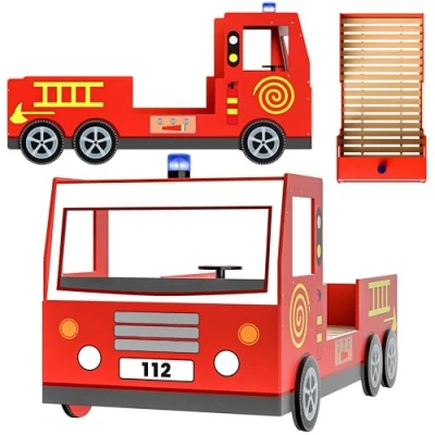 Afbeelding van Casaria® Kinderbed, design, brandweerwagen, rood, 90 x 200 cm, kinderbed met lattenbodem, speels inbegrepen