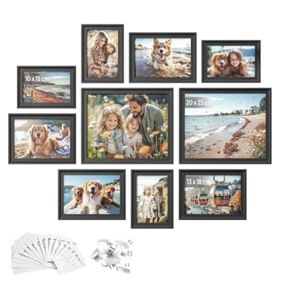 Afbeelding van SONGMICS Set van 10 fotolijsten met 16 passe partout, 2 lijsten 20 x 25 cm, vier 12 17 4 15 om op te hangen of neer zetten tafel, MDF en glas,