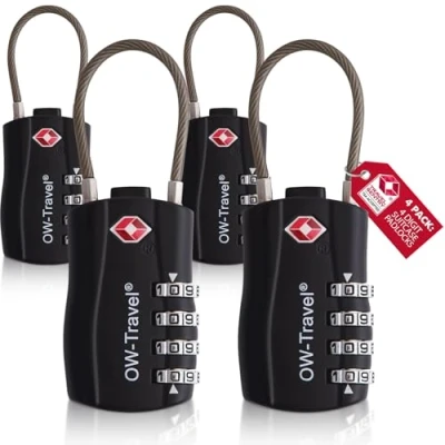 Afbeelding van OW Travel TSA Kabelslot voor koffer. Hangslot met 4 cijferige code bagage kluisje, opslag, tent, camping, bagage, VS. Accessoires reizen vliegtuigen: 007 koffer slot