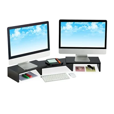 Afbeelding van Relaxdays Monitorstandaard voor 2 monitoren, verstelbaar, ergonomisch, desktop monitorverhoger, zwart