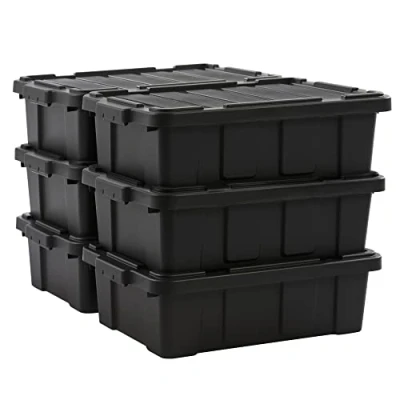 Image de Iris Ohyama, Caisse Rangement avec Couvercle Robuste, 25L, Lot de 6, Noir, Compact, Durable, Empilable, pour Garage, Etagères, Déménagement, Plastique, Boite a Outils, Bac Rangement, DDSKT 230