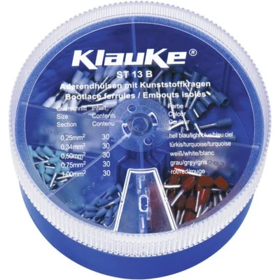 Afbeelding van Klauke ST13B Assortiment adereindhulzen 0.25 mm², 0.34 0.5 0.75 1 mm² Deels geïsoleerd Lichtblauw, Turquoise, Wit, Grijs, Rood 150 onderdelen