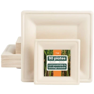 Afbeelding van 88 Vierkante Kartonnen Bordjes van Suikerriet (26x26cm &amp; 16x16cm) Magnetronbestendig, Milieuvriendelijk, Biologisch Afbreekbaar Feestborden voor Picknicks, Buffeten, Barbecues