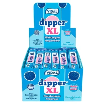 Afbeelding van Vidal Dipper XL kauwsnoepjes, framboossmaak, blauw, doos van 100 stuks.