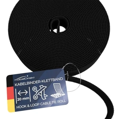 Afbeelding van KabelDirekt Klittenband kabelbinders afsluitbaar 20 mm x 10 m (rol voor kabels, vrij op maat te snijden en herbruikbaar, zwart)