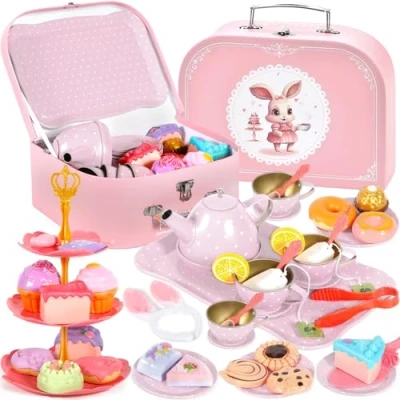 Afbeelding van JEDWKFA Theeservies voor kinderen, 50 delig, poppenservies, tinnen theepot met roze draagtas, dessertrollenspel 3, 4, 5, 6, 7 kinderen en meisjes