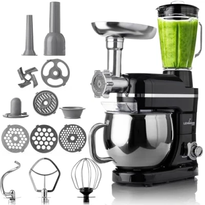 Afbeelding van Lehmann 3 in 1 keukenmachine, mixer met planetair mengsysteem, multifunctioneel, vleesmolen, citruspers van 1,5 liter en roestvrijstalen kom 5