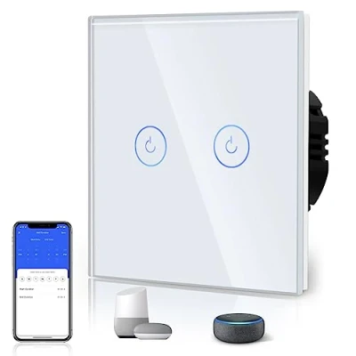 Afbeelding van BSEED Smart WiFi aanraaksensorschakelaar (neutraal nodig) Alexa en Google Home Werken met Tuya voor kantoordecoratie Kristalglaspaneel Wandlichtschakelaars 2 Gang 1 Wag White