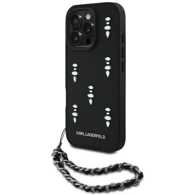 Afbeelding van CG MOBILE Karl Lagerfeld Saffiano Crystals iPhone 16 Pro Max hoesje met ketting zwart