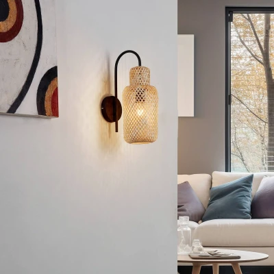 Afbeelding van Lindby Venora wandlamp, hoogte 43 cm, zwart, hout, bamboe