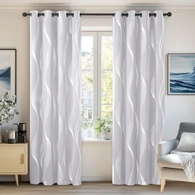 Afbeelding van Deconovo Set van 2 zilverkleurige gordijnen, lijnmotief, slaapkamer, ondoorzichtig, thermisch, anti kou, met ringen, 117 x 229 cm, interieurgordijn, woonkamer, parelgrijs, hotel