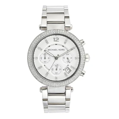 Afbeelding van Michael Kors Parker dameshorloge, chronograaf kwartsuurwerk, 39 mm roségouden roestvrijstalen behuizing met acetaat en armband, MK5774, Zilver wit, armband
