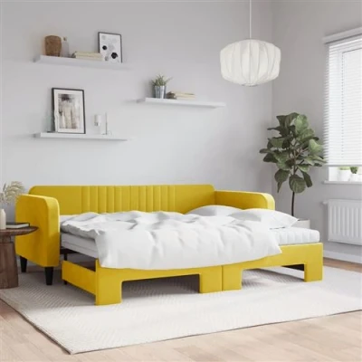 Afbeelding van vidaXL Slaapbank onderschuifbed en matrassen 90x200 cm fluweel geel