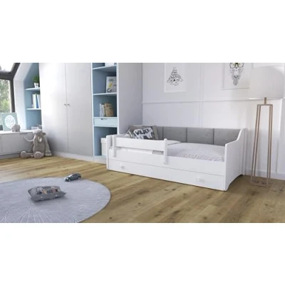 Afbeelding van KOBI Eryk Kinderbed, wit, 160 x 80 cm, gestoffeerde panelen, lade, matras, leuningen, voor kinderkamer, meisjes, jongens (grijze panelen)