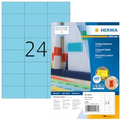 Afbeelding van HERMA 4408 14 stuks gekleurd DIN A4 (70 x 37 mm, 1400 vellen, papier, mat) zelfklevend, bedrukbaar, permanent 33.600 etiketten, blauw