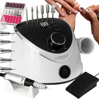 Afbeelding van GASHIO® Professionele elektrische nagelfrees voor gelnagels, 65 W, 35.000 omw/min, met een set uitsteekvormen en voetpedaal, manicure pedicure, complete