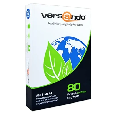 Afbeelding van versando EcoWhite 500 vellen A4 papier, 80 g/m², voor kopieerapparaat, printer, laser, fax, omgeving met blauwe engel