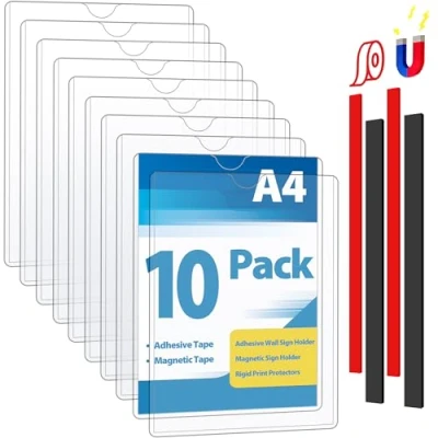 Afbeelding van VAIIGO 10 stuks A4 magnetische wandpaneelhouders, stijve drukbescherming met zelfklevende en strips, kunststof papierhouder voor kantoor, thuis, winkel