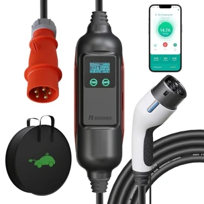 Afbeelding van Youwoauto oplader voor elektrische auto, 22 kW, driefasig, EV, type 2, oplaadkabel auto met schakelbare stroom (6 32 A), app besturing Wallbox, compatibel IEC 62196 CEE